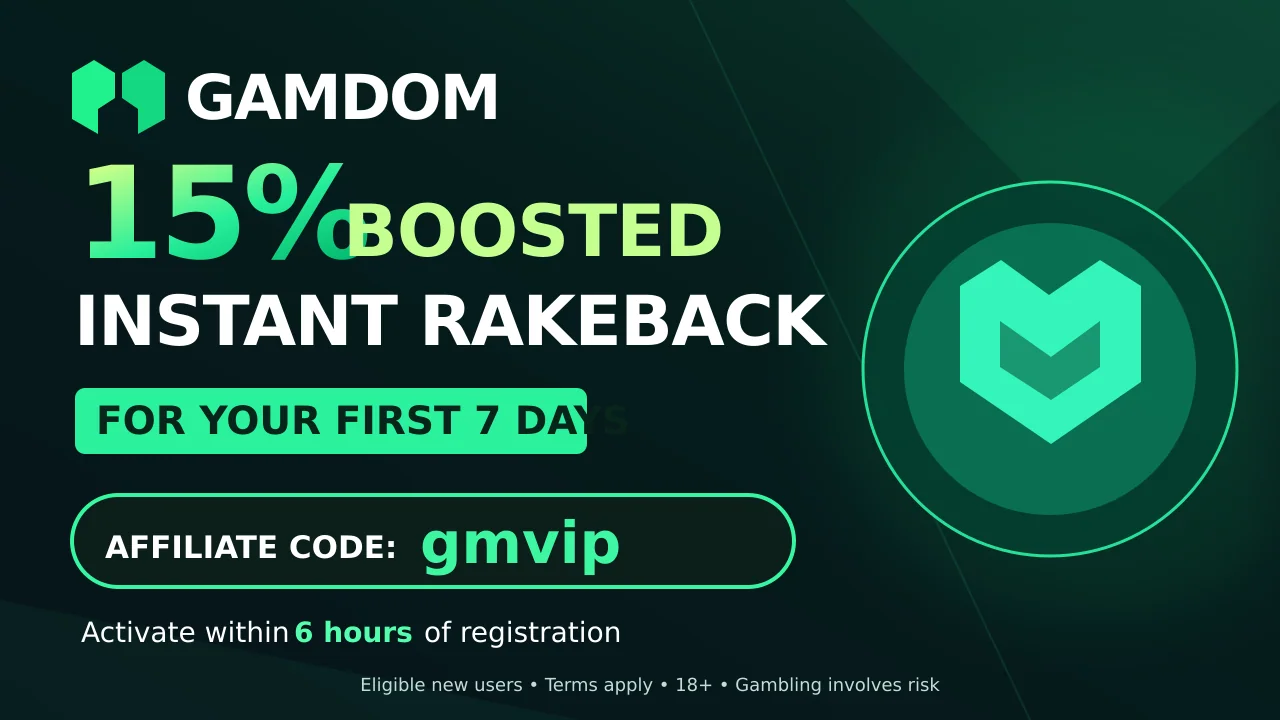 Gamdom GMVIP 15% Boosted Instant Rakeback for 7 days — eligible new users, terms apply